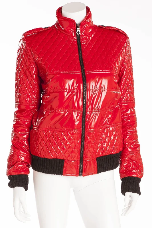 women's double-breasted coats -Chanel  - New with Tags Red Pleather Quilt Bomber Jacket - FR 40