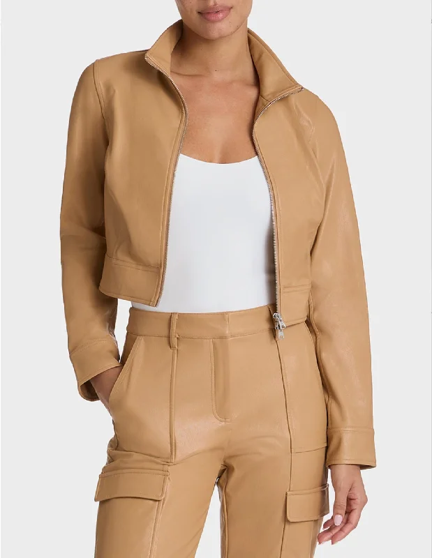 women's fur-collared coats -Faux Leather Crop Biker Jacket In Camel