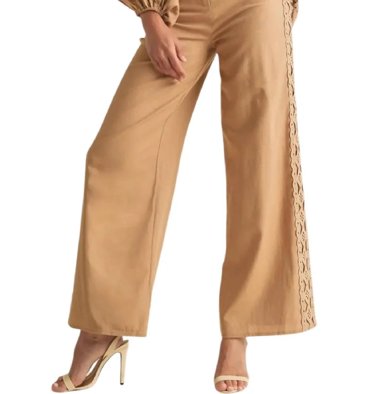 ladies' A-line skirts -Embroidered Lace Pants In Tan