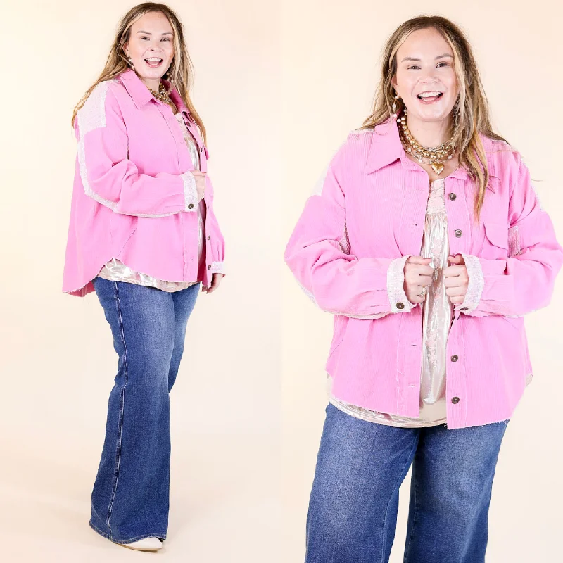 ladies' long trench coats -Chat With Me Sequin Detail Button Up Jacket in Pink