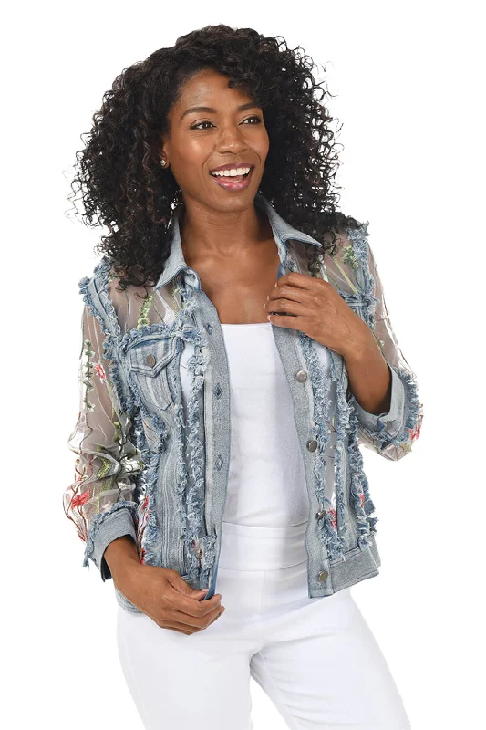 ladies' classic trench coats -Floral Sheer Distressed Denim Jacket