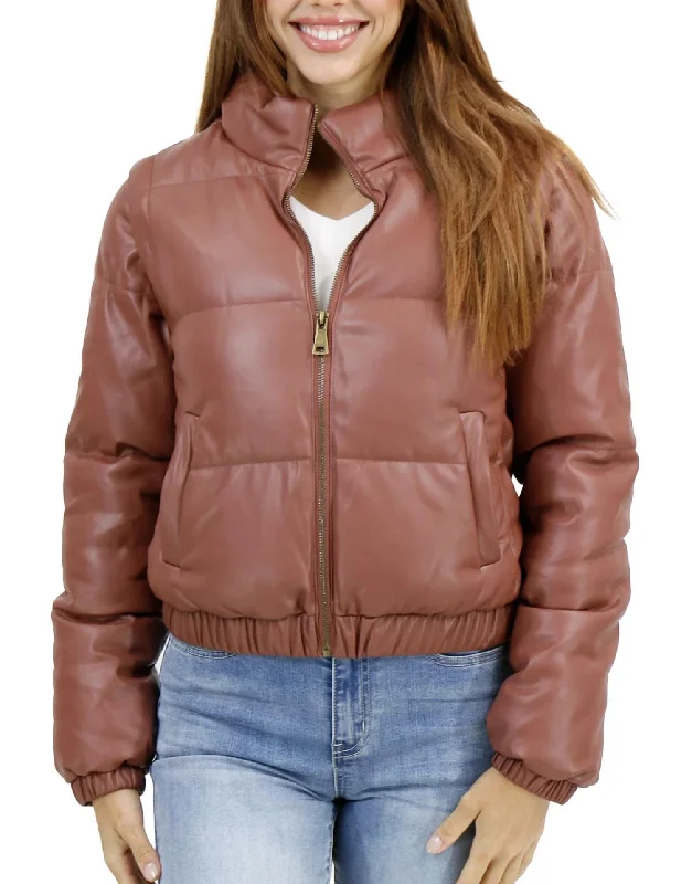 stylish fur-trimmed coats for women -Butter Faux Leather Puffer Jacket/vest In Clay