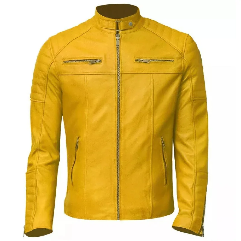 stylish metallic jackets for women -Yellow Slim Fit Leather Jacket