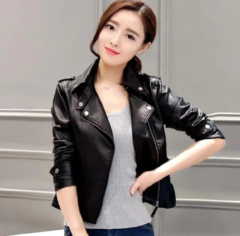 women's warm fleece coats -Womens Slim Fit Front Zipper Vegan Leather Biker Jacket