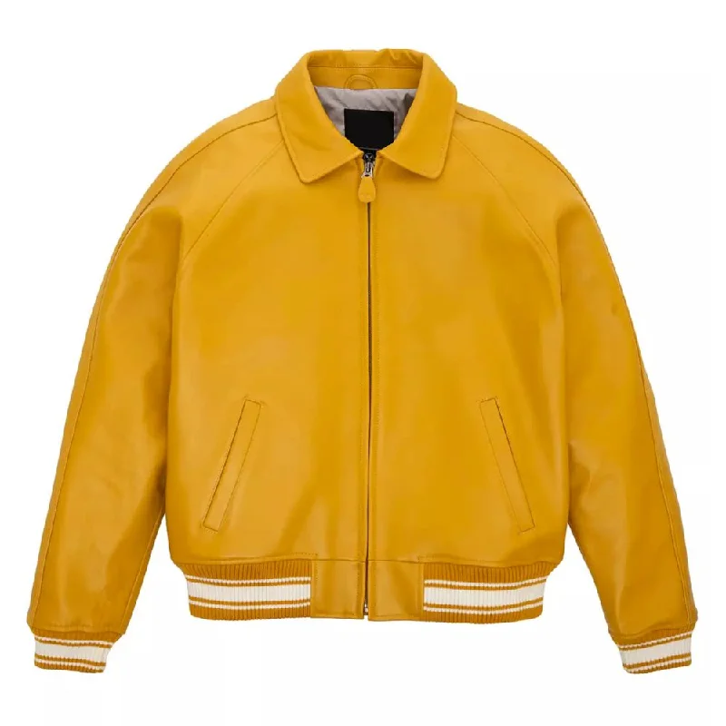 ladies' long trench coats -Yellow Bomber Leather Jacket