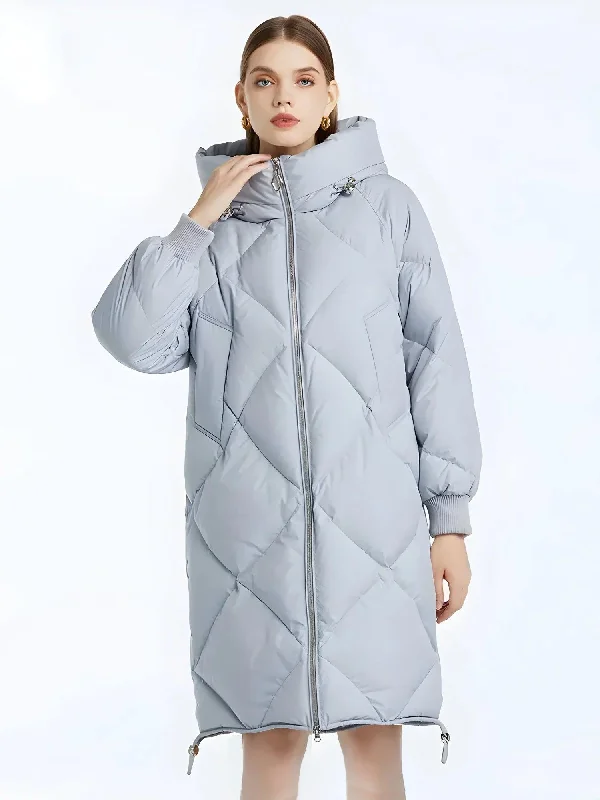 trendy oversized coats for women -Hooded Zip-Up Long Puffer Coat