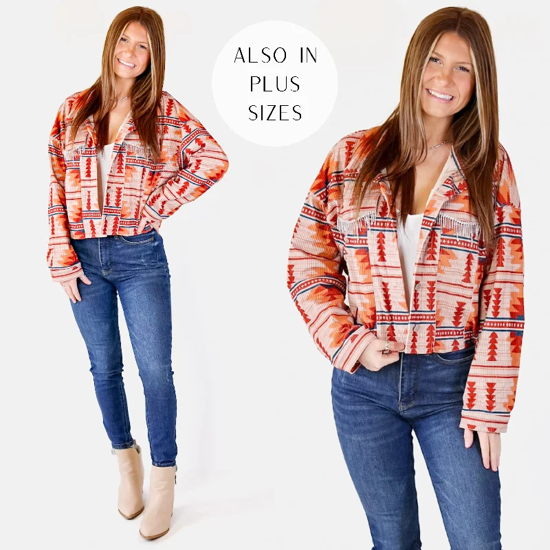 women's gothic-style coats -Chic Discovery Button Up Corduroy Aztec Print Jacket with Crystal Fringe in Orange Mix