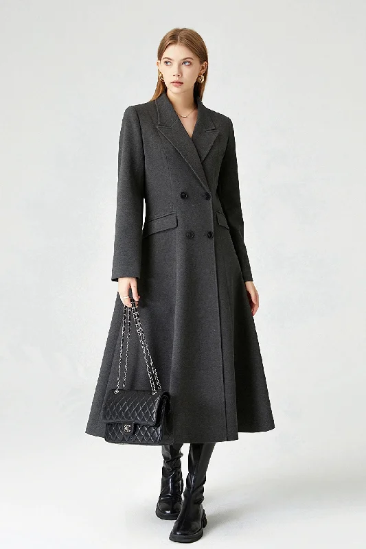 women's draped lapel coats -Verda Wool Blend Double Breasted Fit & Flare Coat