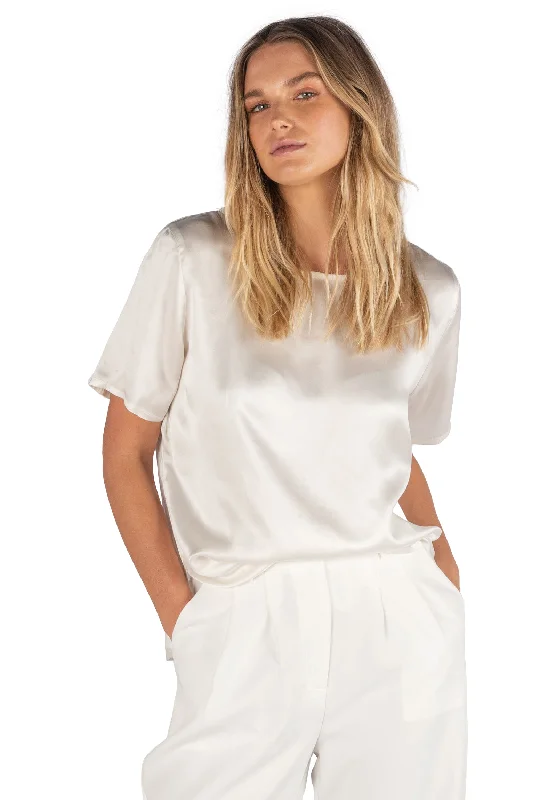 women's twisted front tops -Teena-Satin White 100% Silk T-Shirt