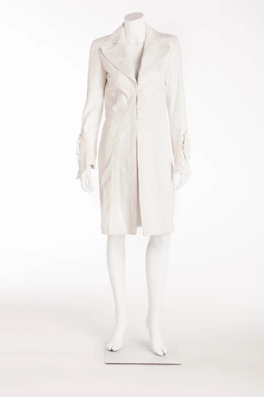 women's slim-fit trench coats -Versace - White Intricate Leather Design Long Sleeve jacket - IT 40