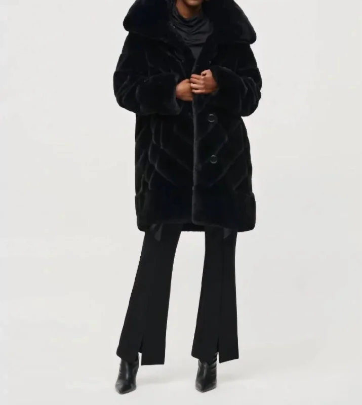 ladies' plaid coats -Faux Fur Puff Coat In Black