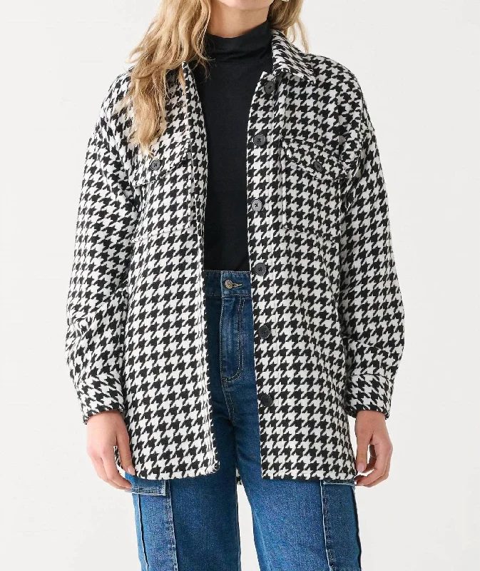 women's oversized teddy coats -Houndstooth Button-Up Shacket In Black/white