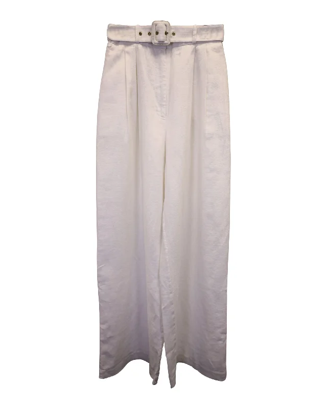 women's ruffle skirts -Zimmermann Wavelength Belted Wide-Leg Pants in White Linen