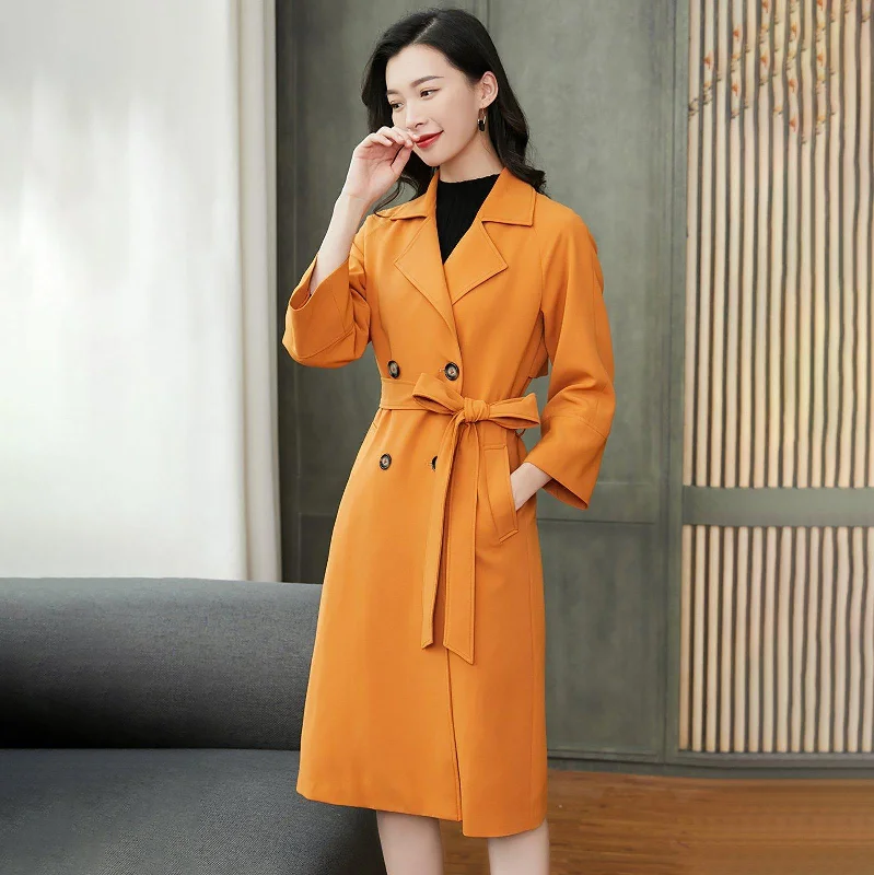 women's hooded winter coats -Custom Orange Double Breasted Tie Waist Coat