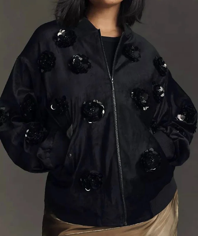 trendy cropped puffer jackets for women -Velvet Floral Embroidered Bomber Jacket In Balck