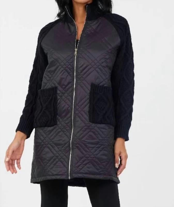 ladies' minimalist coats -Tabitha Quilted Knit Sleeve Long Jacket In Black