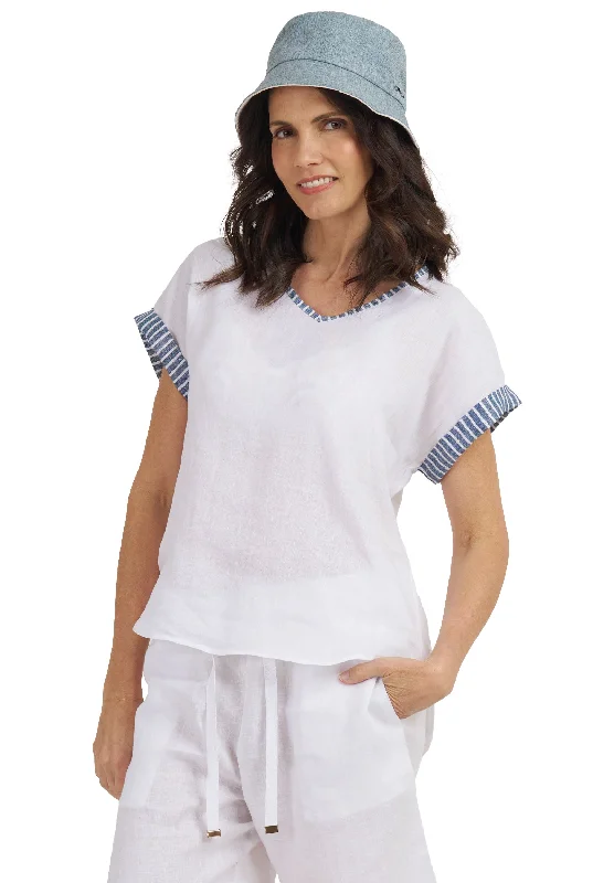 women's ruched tops -Martina Indigo Stripes Contrast Linen T-Shirt