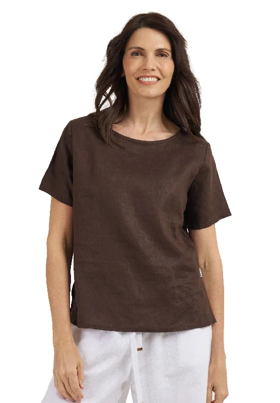 trendy crop tops for women -Teena-Linen Coffee T-Shirt