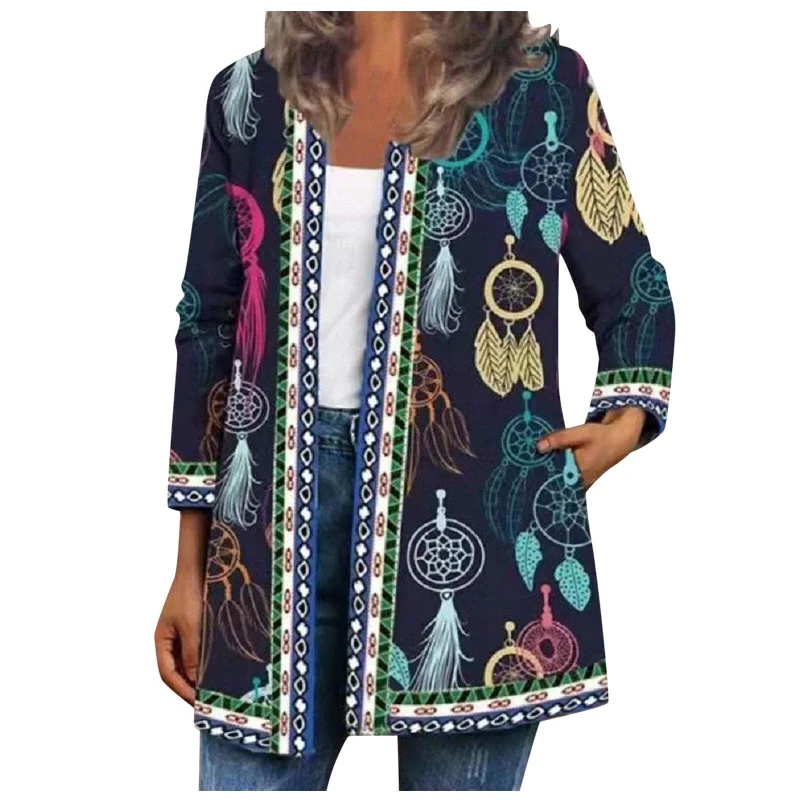 women's distressed denim jackets -DressBetty - Womens Overcoat Casual Plus Size Leisure Retro Graphic Printed Winter Open Front Long Sleeve Outwear Cardigan Coat Fashion