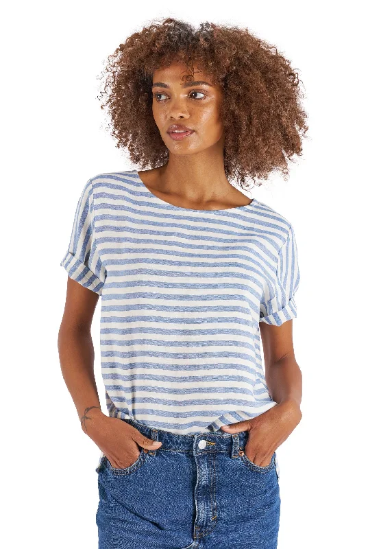 women's oversized hoodies -Teena-Linen Thick Blue Stripes T-Shirt