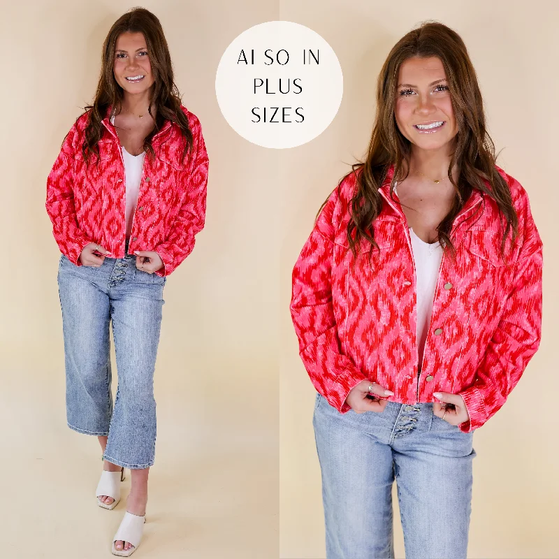 women's pastel wool coats -Stay Sweet Mosaic Print Corduroy Jacket with Crystal Fringe Back in Pink and Red