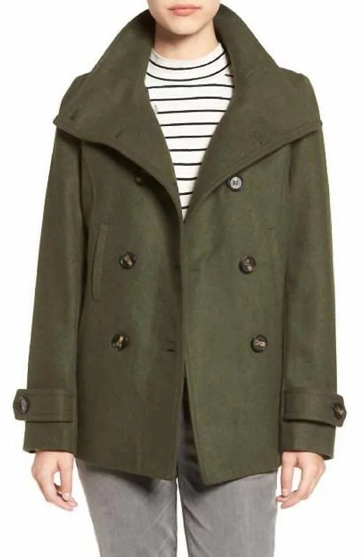 women's A-line coats -Double Breasted Peacoat Hunter Jacket In Green