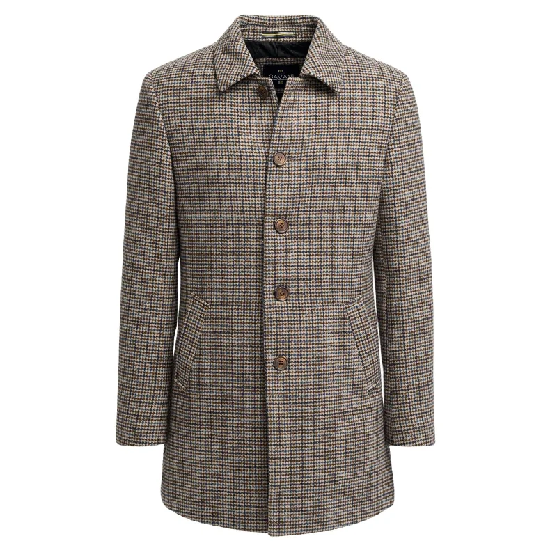 ladies' belted puffer coats -Men's Tan Brown Wool Blend Overcoat Jacket Dogtooth Tweed Coat