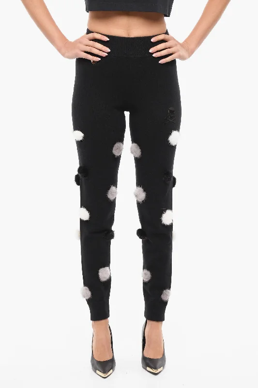 women's tailored trousers -Philipp Plein Wool Blend SKULL Sweatpants with Fur Pon Pon