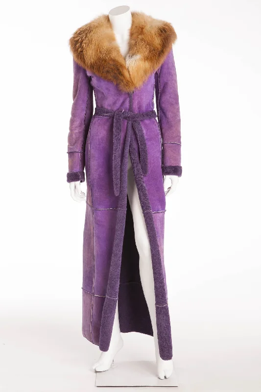 women's padded winter coats -Dolce & Gabbana - Purple Shearling Coat with Fox Fur Collar - IT 40