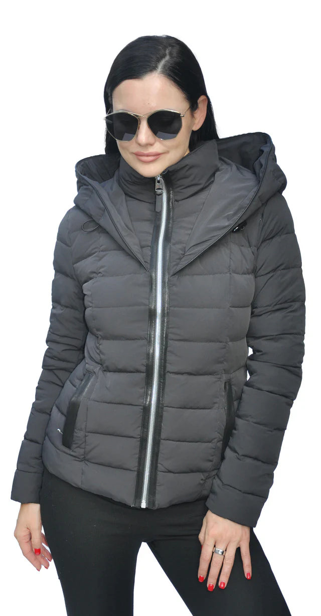 women's side-zip winter coats -Jacket Down Puffer With Hood Zipper Front  Black Tania Women's