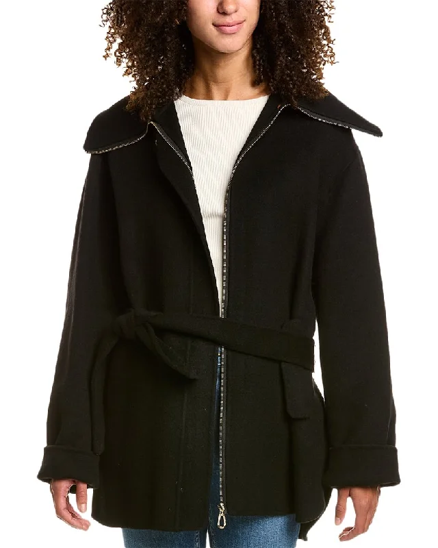 women's sporty bomber jackets -Sandro Zip Front Wool Coat