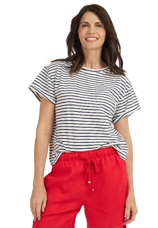 ladies' loose-fit blouses -Francy White Navy Stripes Rolled Sleeve T-Shirt