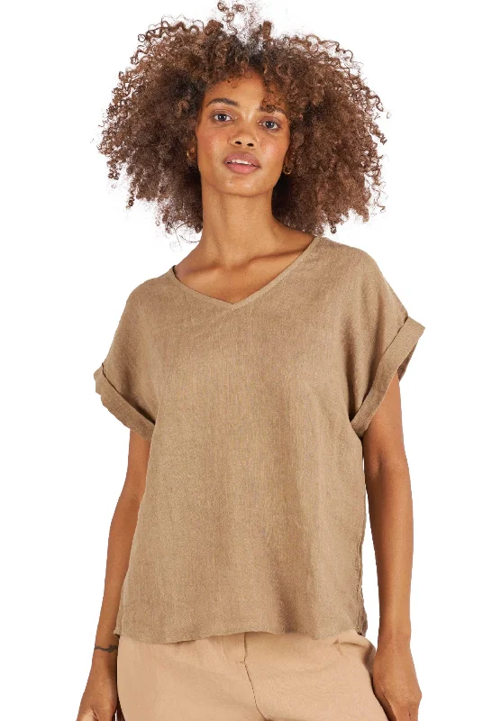 women's tie-dye tops -Martina Hazelnut Sand Washed Linen T-Shirt