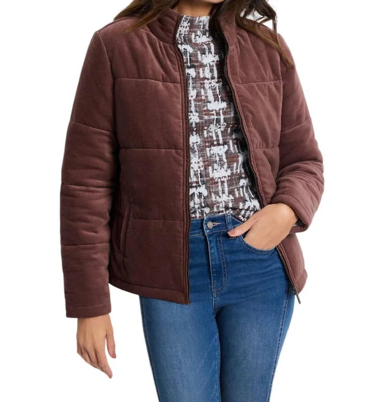 ladies' mid-length coats -Velvet Puffer Jacket In Chai