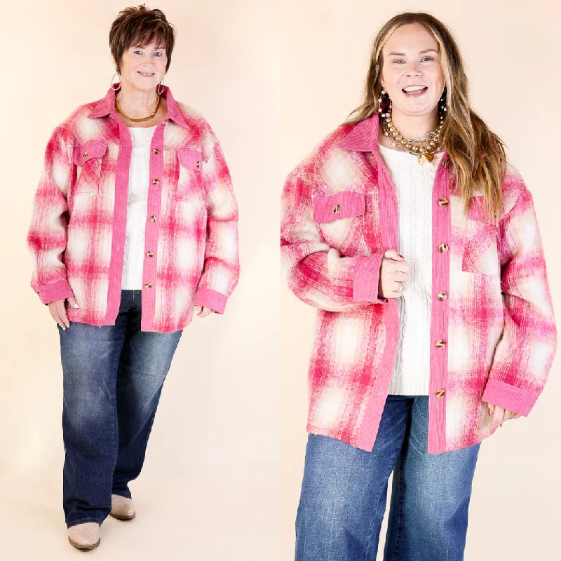 women's sporty hybrid coats -Mountain Retreat Plaid Fleece Jacket with Corduroy Trim in Pink