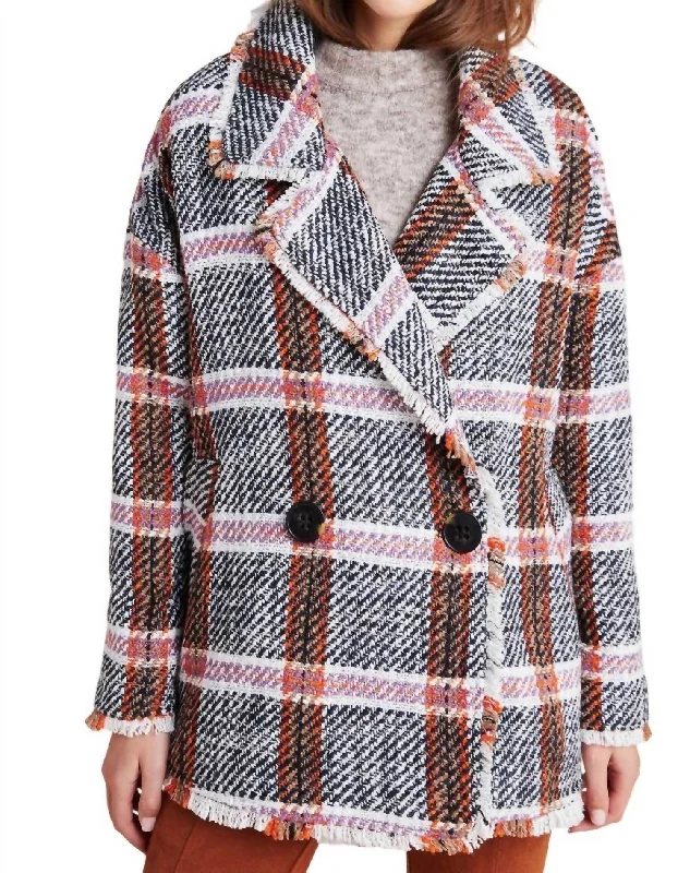 ladies' long trench coats -Carrie Double Breasted Plaid Tweed Coat In Multi