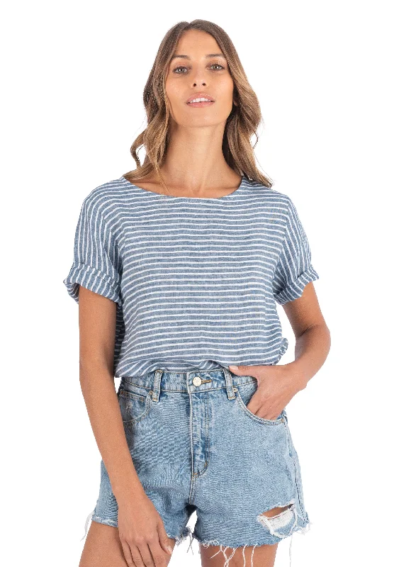 women's bohemian tops -Teena-Linen Indigo Stripes T-Shirt