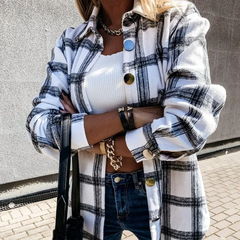 women's two-tone trench coats -DressBetty - Women Long Sleeve Plaid Jacket Autumn Winter Oversized Coat Fashion Loose Outwear Vintage Elegant Top Streetwear