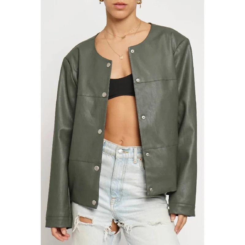 trendy oversized coats for women -Faux Leather Cropped Jacket In Olive