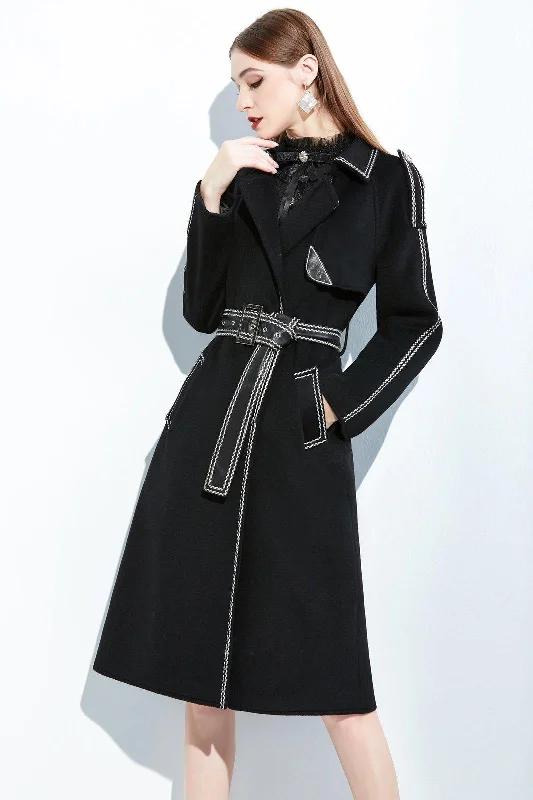 women's feather-filled coats -Black Leather Belted Wool Blend Long Coat