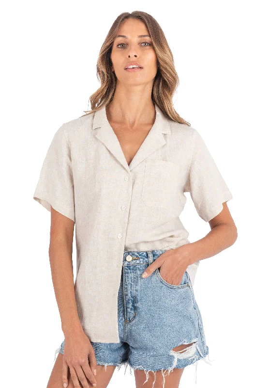 women's eyelet lace blouses -Revere Natural SS Linen T-shirt