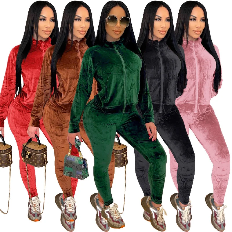 trendy paper bag shorts for women -New Years 2023 New Arrivals Velvet Fabric Long Sleeve Zipper Blank Ladies Custom Velour Tracksuit 2 Piece Jogger Set Women