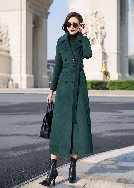 women's sherpa coats -Dark Green Double Breasted Wool Blend Long Coat