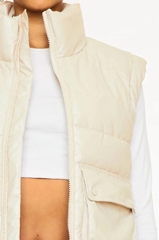 stylish belted coats for women -Frida Cropped Faux Leather Puffer Vest In Cream