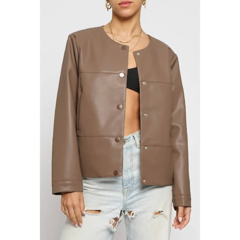 women's puff-sleeve coats -Faux Leather Cropped Jacket In Chestnut