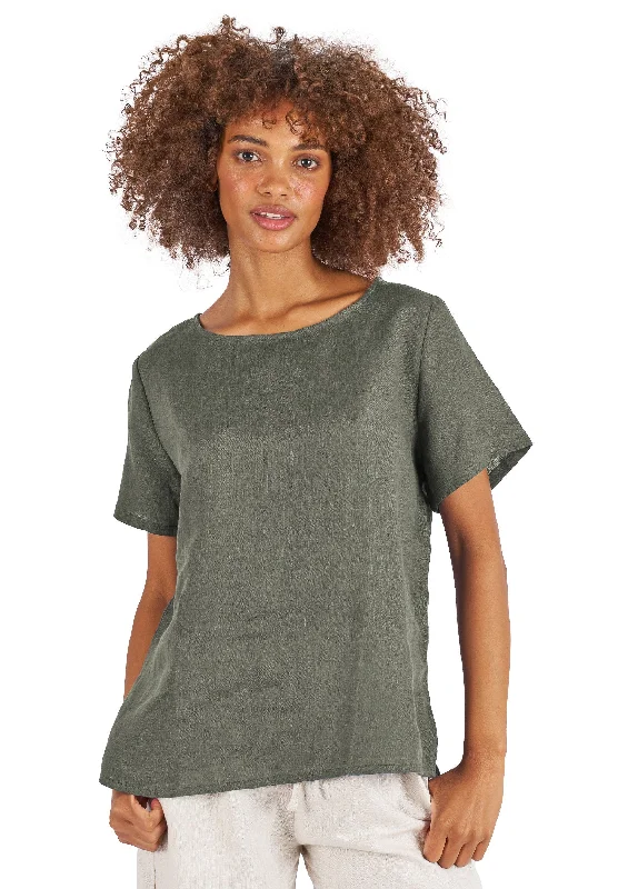 trendy batwing tops for women -Teena-Linen Olive Green T-Shirt