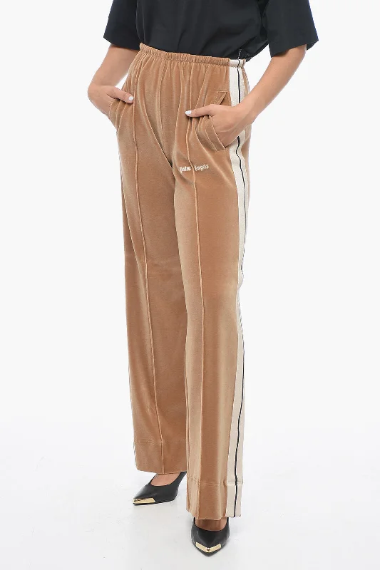 ladies' harem pants -Palm Angels Velour Straight Fit Track Pants with Contrasting Bands