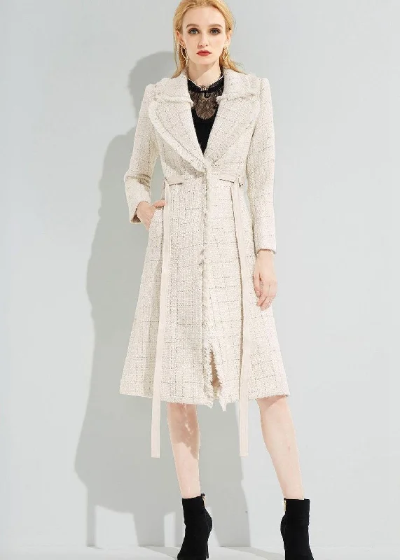 women's pastel wool coats -Tassel Hem Belted Wool Blend Tweed Coat