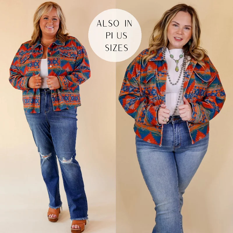 women's padded winter coats -Edgy and Chic Button Up Corduroy Aztec Print Jacket in Red and Blue