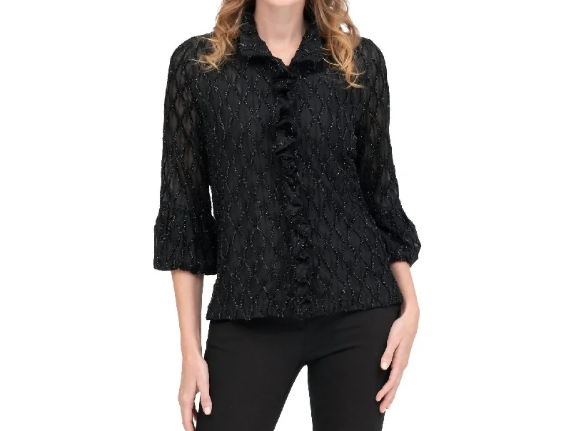 women's floral embroidered coats -Diamond Design Ogee Ruffle Jacket In Black